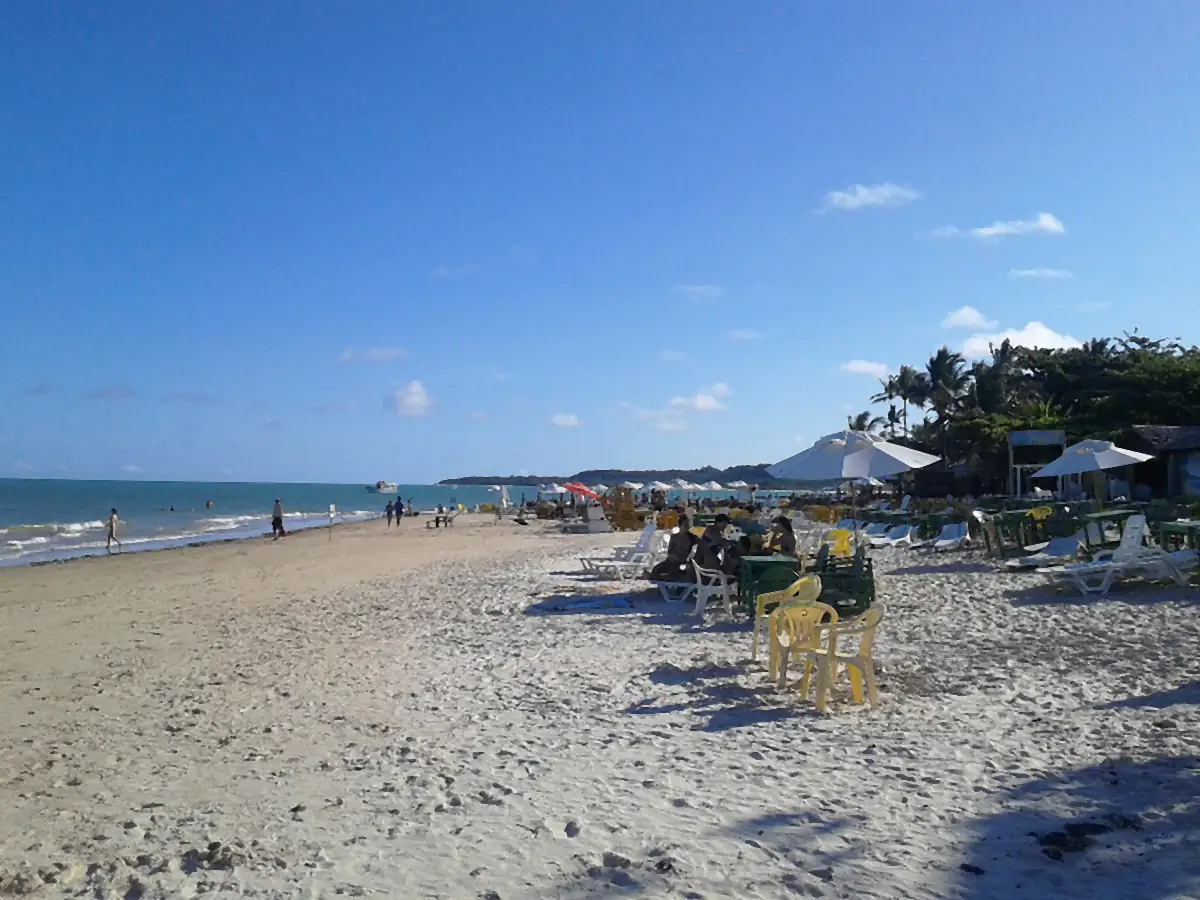 Praia de areia clara com o mar à esquerda, guarda-sóis e cadeiras à direita, coqueiros ao fundo e céu azul com poucas nuvens