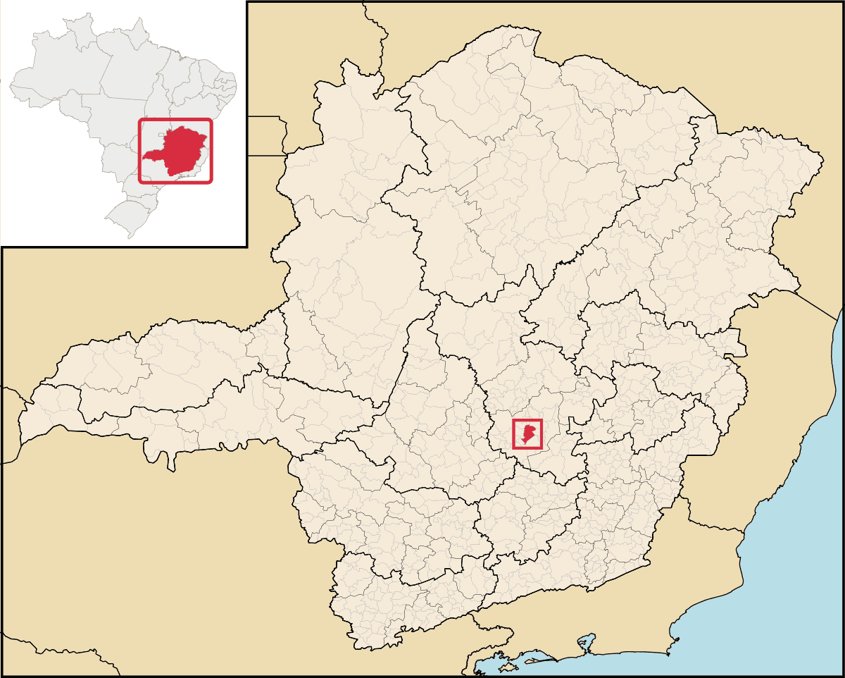 Mapa de Minas Gerais com a localização do município de Belo Horizonte destacada em vermelho, na região central do estado.