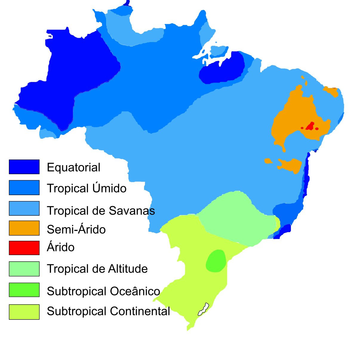 Mapa dos climas do Brasil pela classificação de Köppen-Geiger, com cores para clima equatorial no Norte, tropical no centro, semiárido no Nordeste e subtropical no Sul
