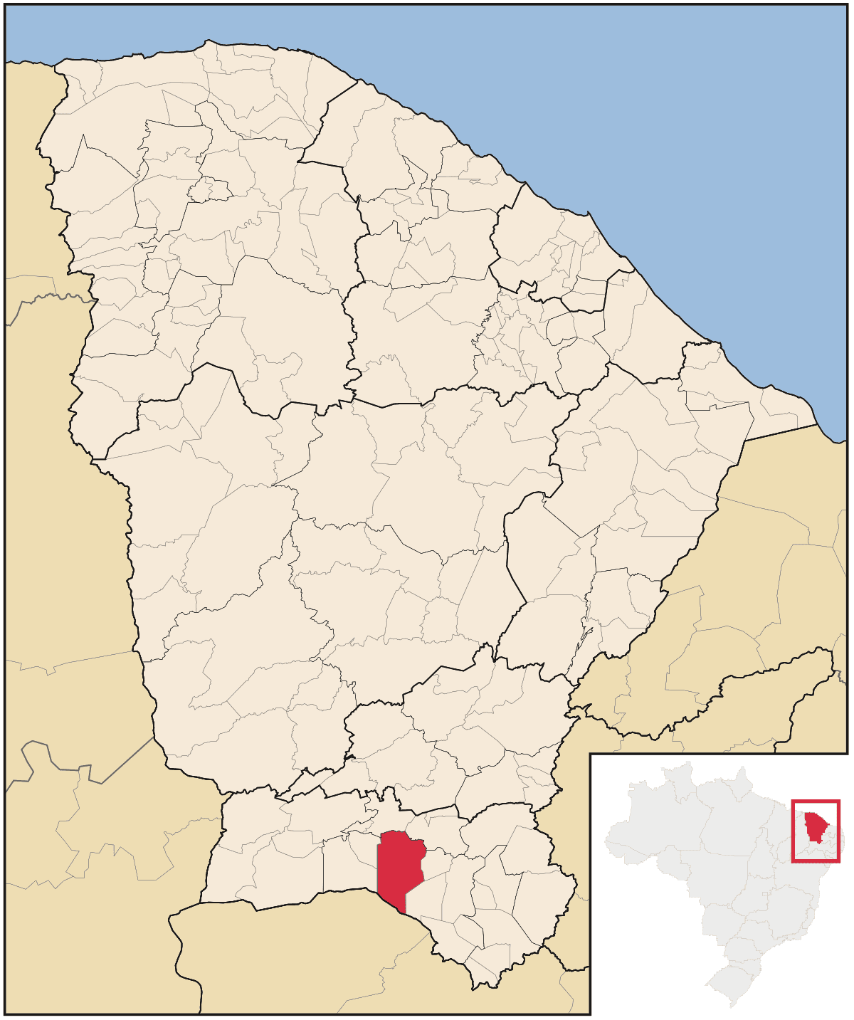 Mapa de localização do município do Crato dentro do estado do Ceará