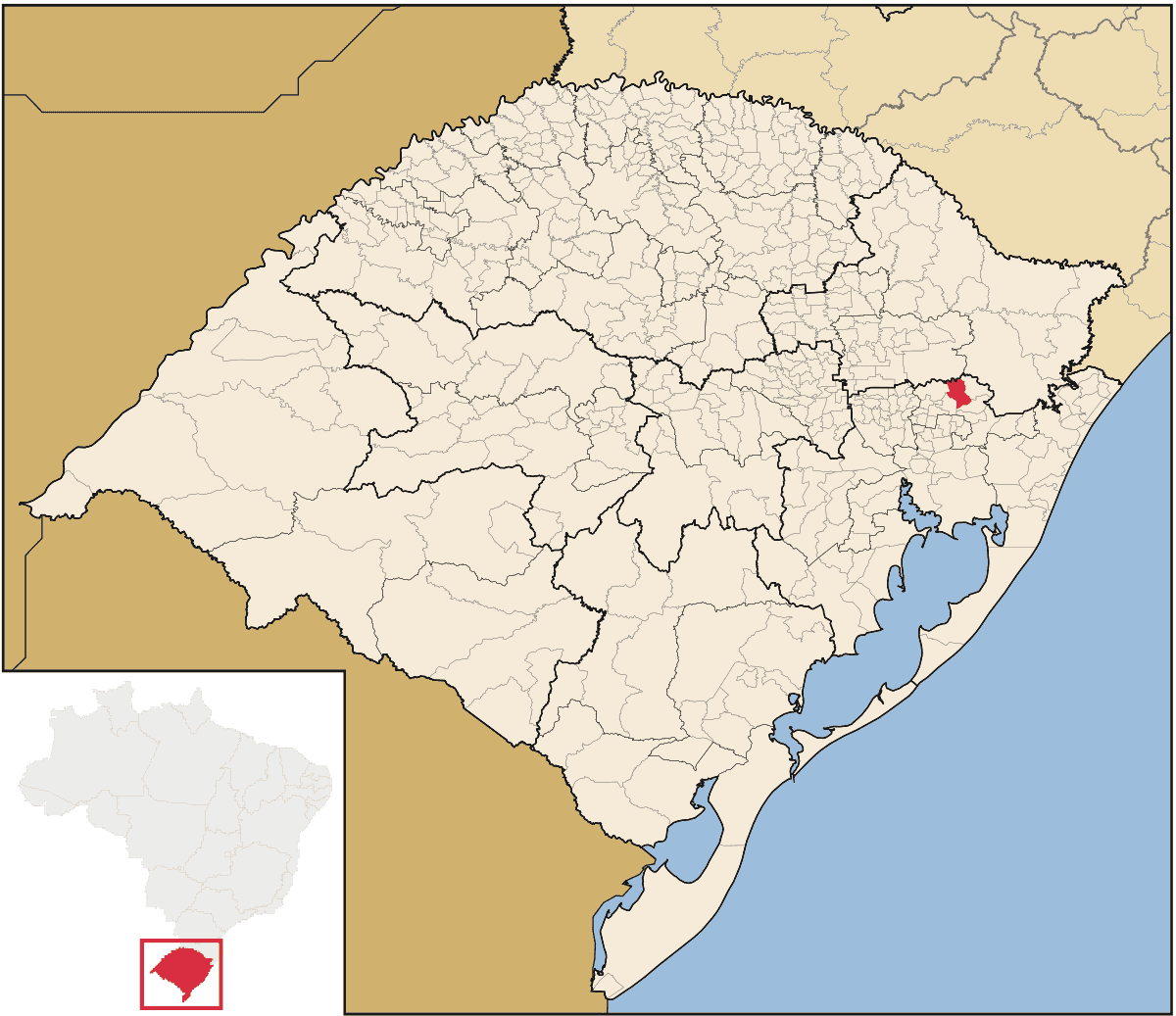 Mapa de localização do município de Gramado dentro do estado do Rio Grande do Sul