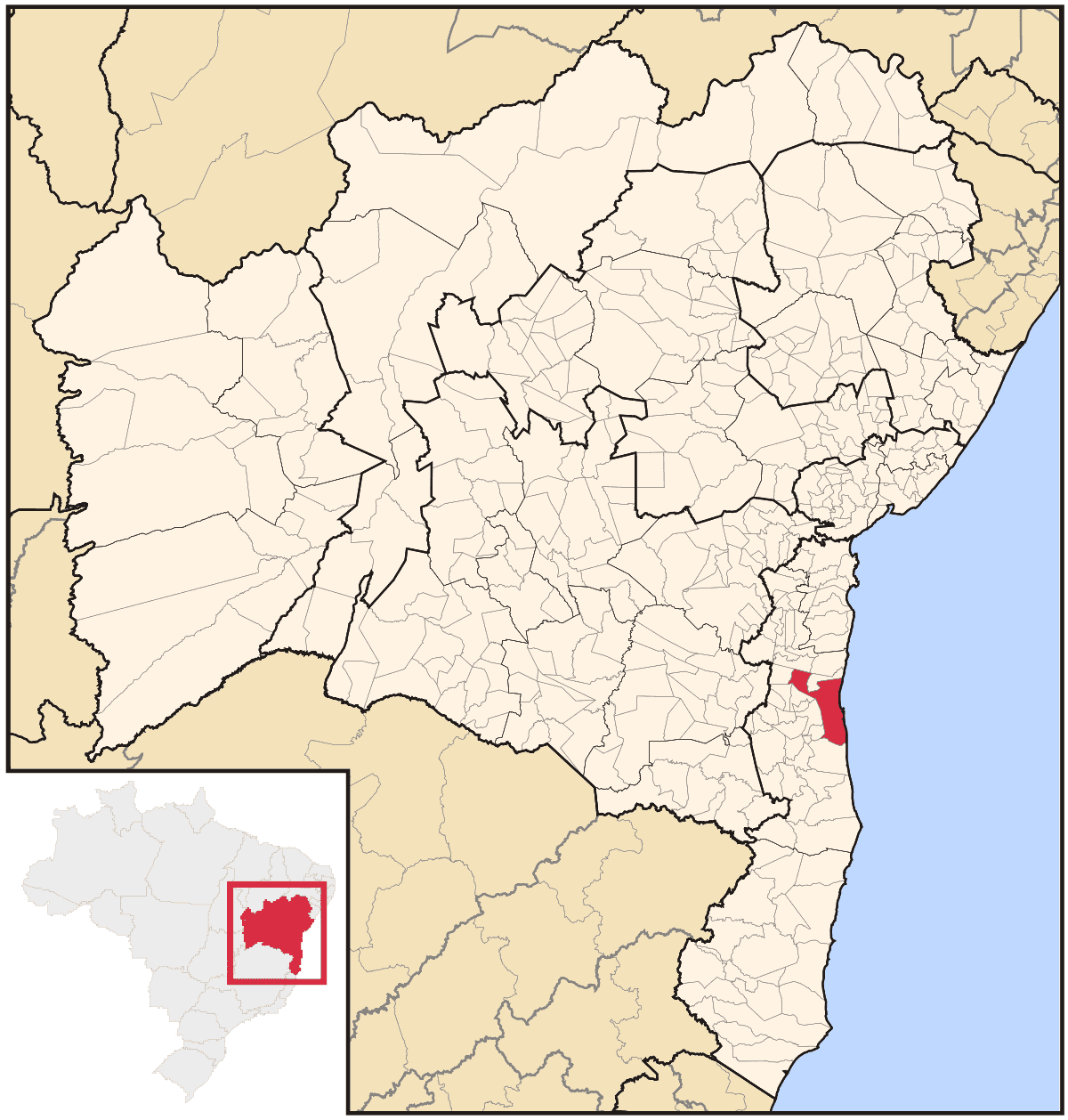 Mapa de localização do município de Ilhéus dentro do estado da Bahia