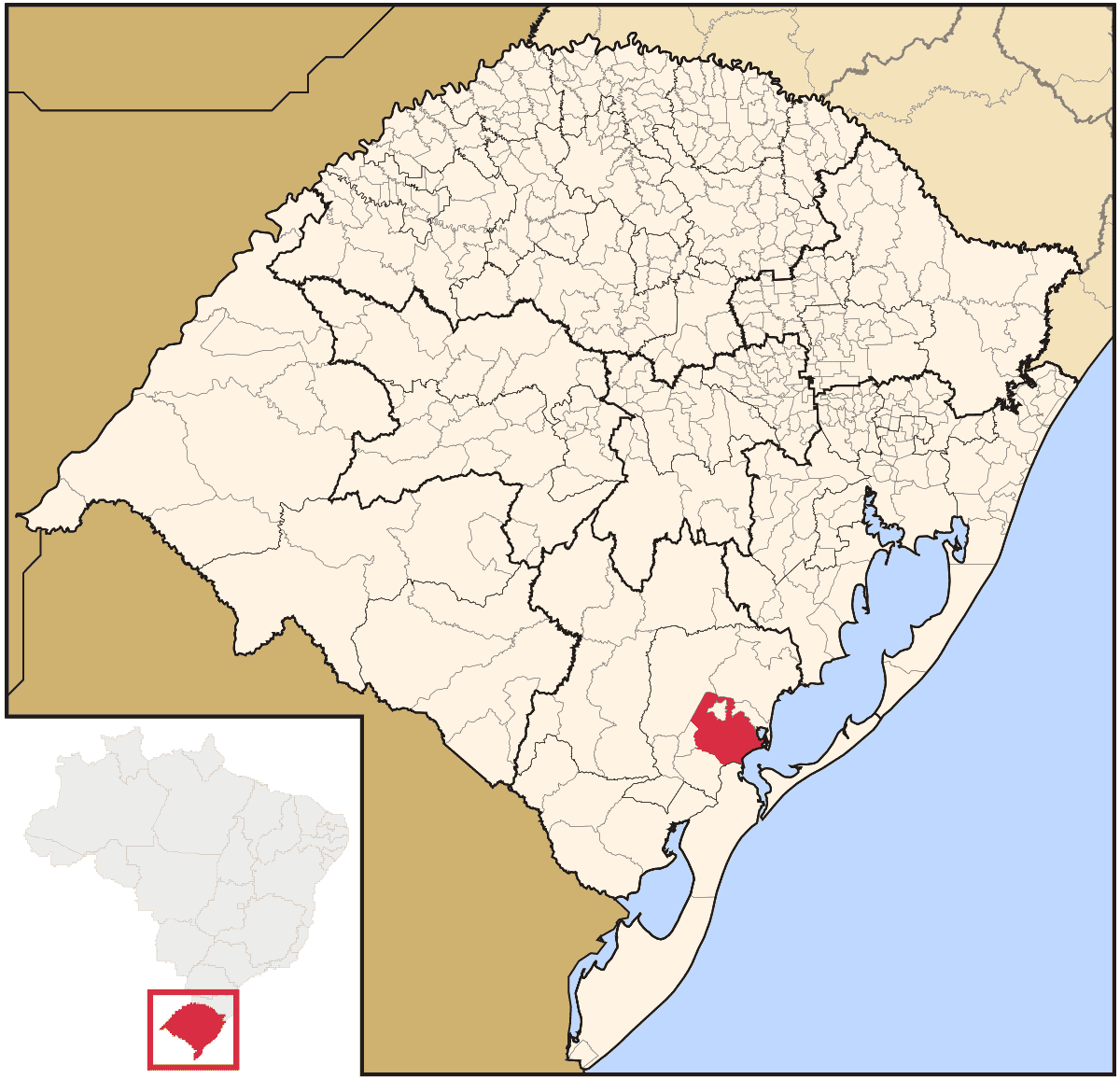 Mapa de localização do município de Pelotas dentro do estado do Rio Grande do Sul
