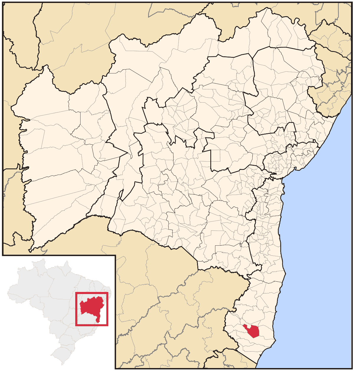 Mapa de localização do município de Teixeira de Freitas dentro do estado da Bahia