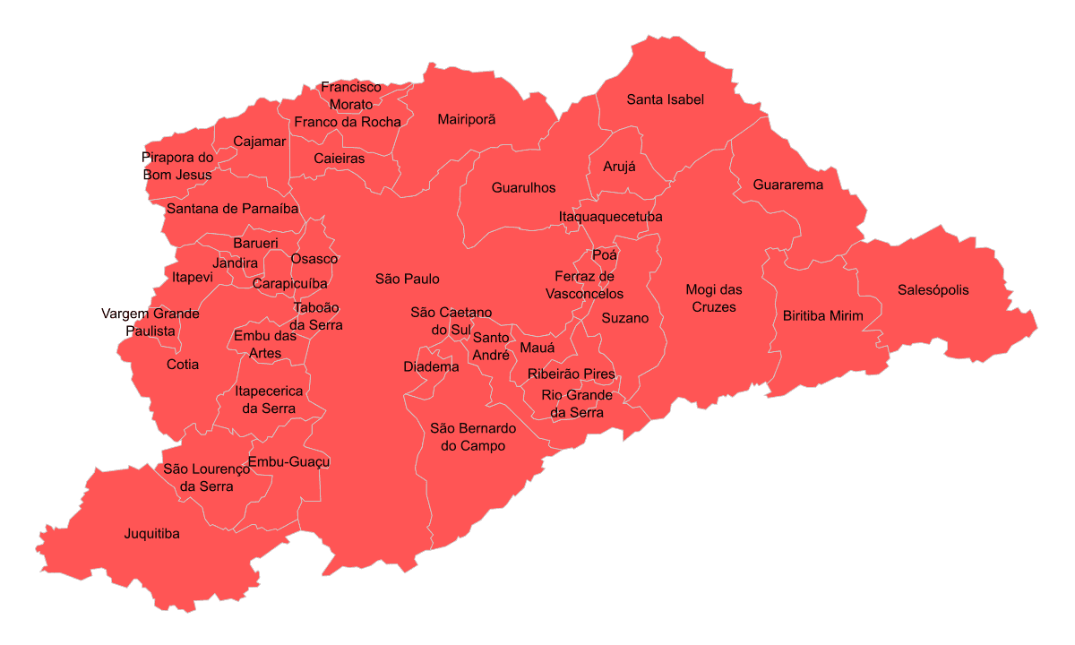 Mapa da Região Metropolitana de São Paulo com os nomes dos municípios: Arujá no nordeste, entre Guarulhos, Santa Isabel, Itaquaquecetuba e Mogi das Cruzes