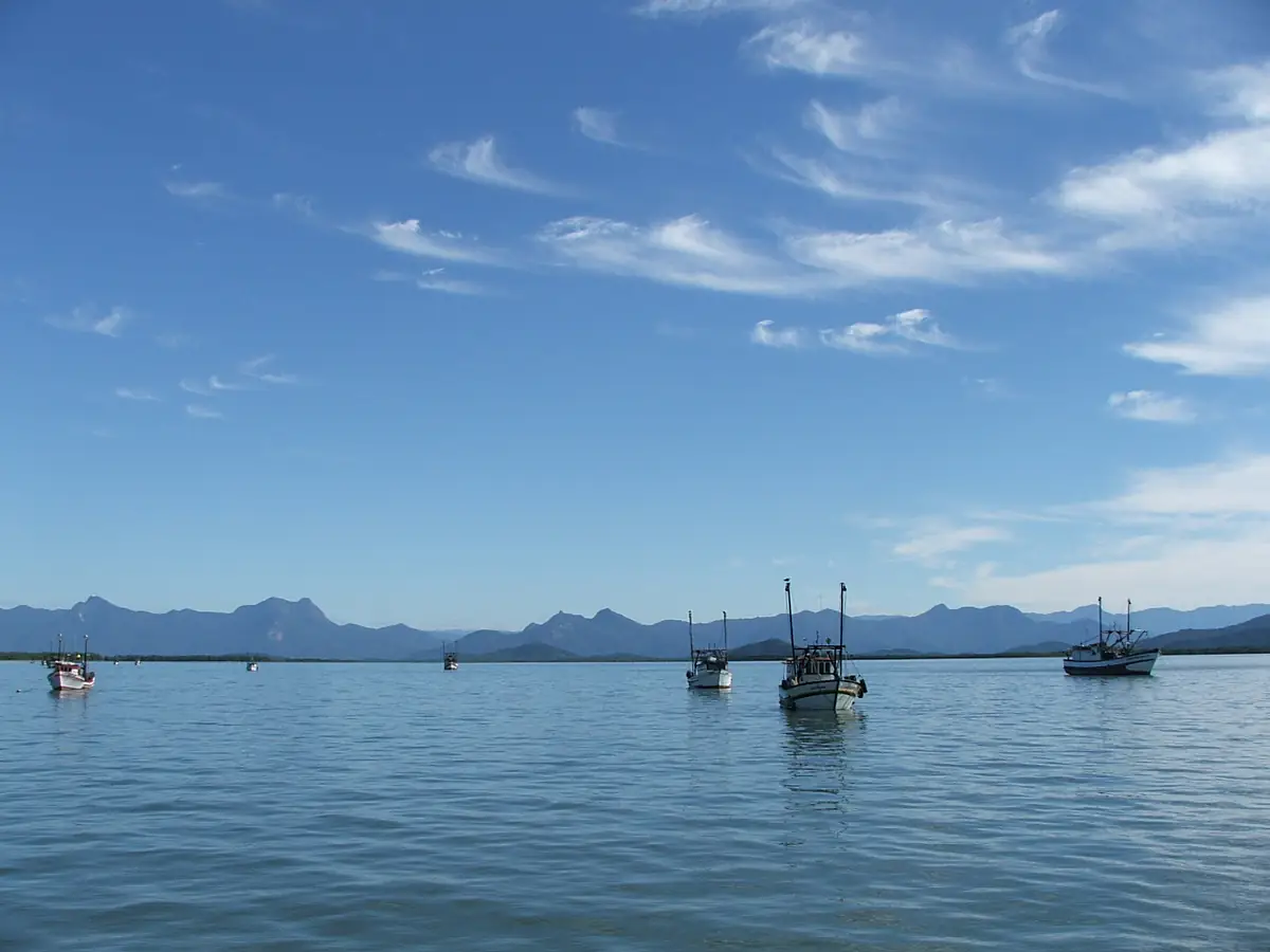 Barcos de pesca ancorados na baía de Guaratuba, com a serra ao fundo e céu azul com nuvens finas