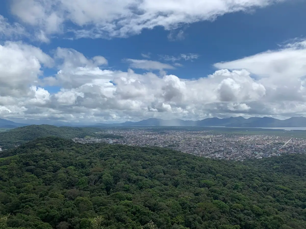 Zona leste de Joinville vista do alto de um morro coberto de mata, com nuvens carregadas e uma cortina de chuva ao longe sobre a baía