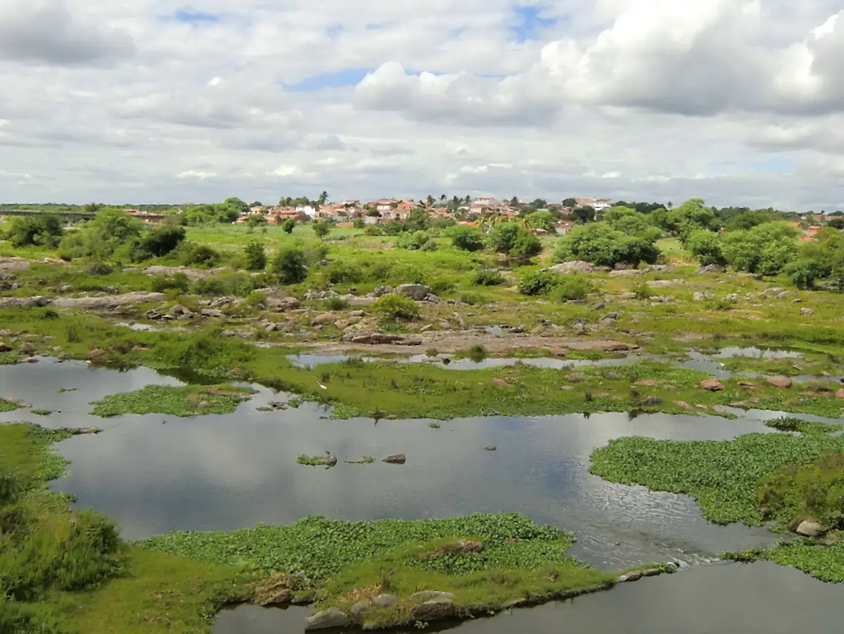 Rio Quixeramobim com pedras e plantas aquáticas, casas ao fundo e céu nublado